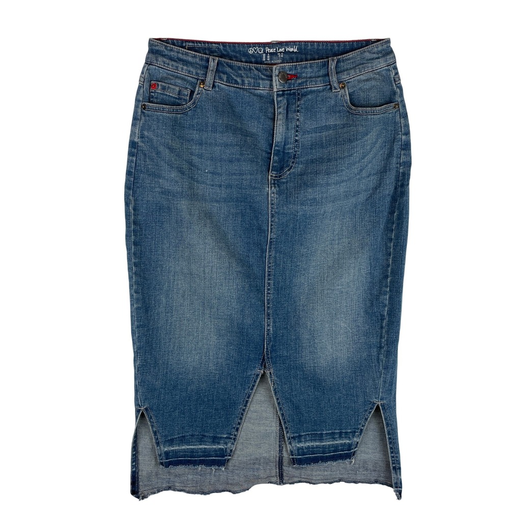 Peace Love World‎ Denim Midi Skirt Medium Wash Raw Hem Front Slit Womens Size 6